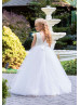 Pearls Beaded White Satin Tulle V Back Chic Flower Girl Dress